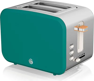 A teal and silver two-slice toaster with a wood accent on the lever, shown from a front-diagonal angle on a white background.