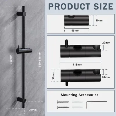 Image de Barre de douche noire de 90 cm en acier inoxydable