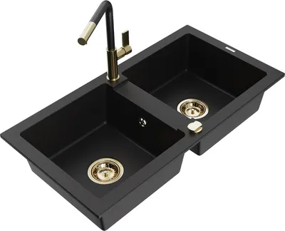Produktbild von Mexen Mario 2-Becken-Granitspüle mit Mischbatterie Flora, Schwarz - 6504-77-670401-57-G