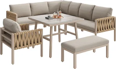 Produktbild von Gartenmoebel Set Sofa 1: 238X61X78cm Beige Seil Gartenmoebel Set verzinktem Eisengestell Ecksofa Tischplatte Glas inklusive aller Sitz- Rueckenkissen