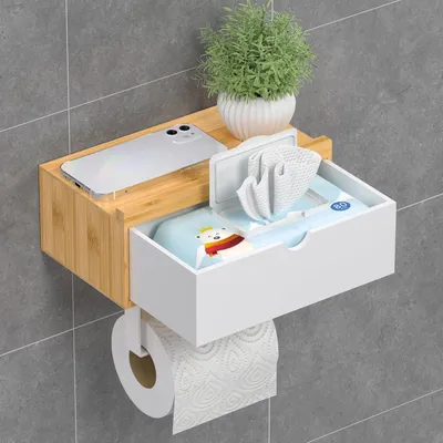 Immagine prodotto di Porta rotolo di carta igienica con ripiano - autoadesivo o senza foratura - bambù