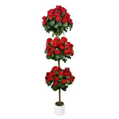 Zdjęcie produktu dla Sztuczne drzewko geranium, 3 czerwone kuliste kwiaty, sztuczna roślina w doniczce o wysokości 152 cm do salonu, biura, na balkon lub do ogrodu