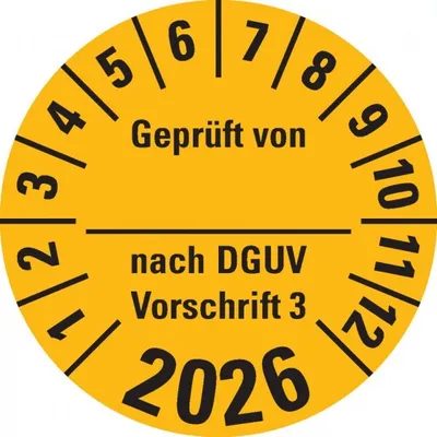 Produktbild von Dreifke® Prüfplakette  von nach DGUV 3, 2026, gelb, Dokufolie, Ø 30mm,...