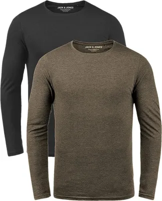 Produktbild von Jack & Jones 2er-Pack Langarmshirts Herren Basic Shirts Unifarben Stretch Rundhals, 2er Pack LS Olive/Bl-M