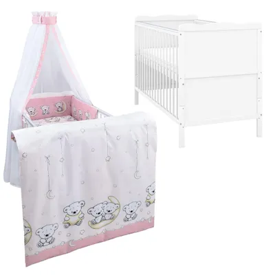 Produktbild von Baby-Delux Babybett Kinderbett Jack Umbaubar 140x70 Weiß Beißschienen Bettset Komplett mit Motiv Teddy Mond Rosa