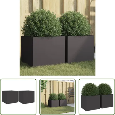 A collage of images showing black planters with green bushes, some in a garden setting and others as product shots.