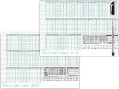 Produktbild von Urlaubsplaner/Personalplaner 2026 + 2027 nass abwischbar mit Folienkaschierung plus Folienstift - DIN B1 Format (700 x 500mm) 22 Mitarbeiter Januar bis März Folgejahr mit Schulferien (gerollt!)