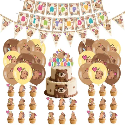 Produktbild von Geburtstagsdeko Set 45 Teile Capybara Wasserschwein Party Dekoration Banner Luftballons Tortenaufsatz