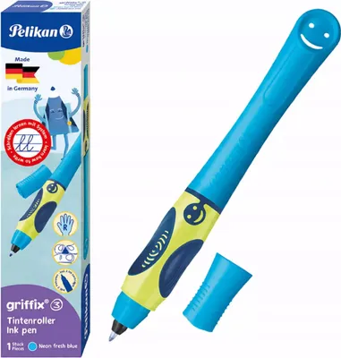 Zdjęcie produktu dla Pióro atramentowe Pelikan Griffix Neon Fresh Blue dla osób praworęcznych, pióro do nauki pisania z ergonomicznym uchwytem