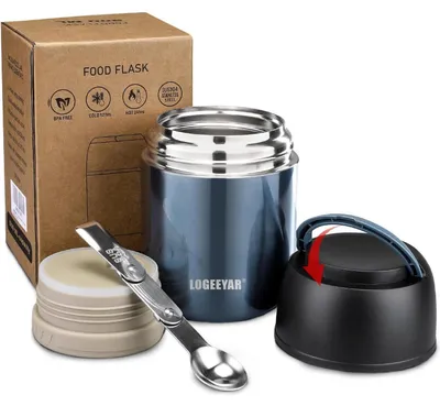 Productafbeelding van Isolatiebox voor eten, 500 ml, roestvrij staal, warmhoudbox met inklapbaar lepeltje, blauw