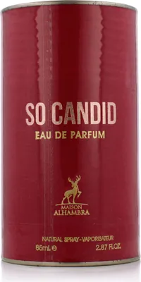 A close-up studio shot of a red perfume bottle with gold lettering.
