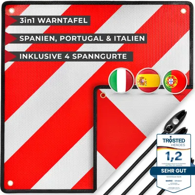 Produktbild von ATHELON® 3in1 Warntafel für Italien, Spanien & Portugal - Reflektierendes Warnschild für Fahrradträger & Wohnmobil Warntafel + Spanner