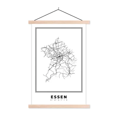 Produktbild von MuchoWow® Textilposter Deutschland - Essen - Stadtplan - Karte - Schwarz-Weiß - Karte 60x90 cm mit holzfarbenen Rahmen - Textil