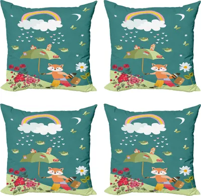 Produktbild von ABAKUHAUS Fuchs Kissenbezug Set (4 Stück), Waldtier Herzen Blumen, Moderner Doppelseitiger Digitaldruck, 45 cm x 45 cm, Mehrfarbig