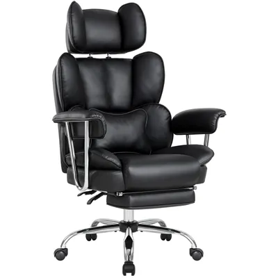 A black leather office chair with a headrest and footrest is shown against a white background.