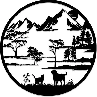 Imagen del producto de Decoración de pared metálica redonda Unyqoos®, 50 cm, acero galvanizado, color , con motivos de montaña y bosque (gatos y perros), apta para interiores y exteriores