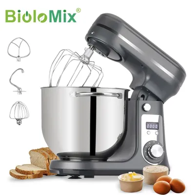Produktbild von Biolomix Küchenmaschine BM601, 1200W, 6L Edelstahl-Rührschüssel, 6 Geschwindigkeitsstufen, inkl. Knethaken, Schneebesen und Flachrührer