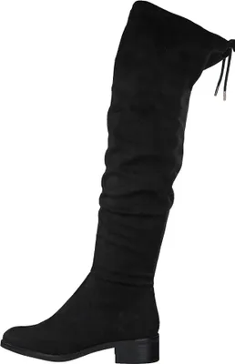 A black over-the-knee boot is shown against a white background.