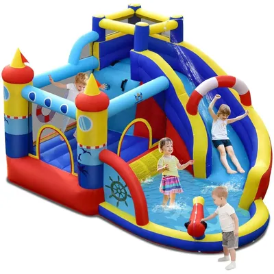 Immagine prodotto di Castello gonfiabile per parco acquatico - Centro giochi 6-in-1 - Scivolo - Piscina gonfiabile - Cannone ad acqua - Dimensioni: 360x290x200 cm - Multicolore