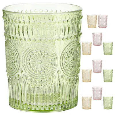 Produktbild von Trinkglas 12er Set 'Mandala' Ø8x10cm 300ml Glas rosa grün orange Bodensticker Wasserglas Ornamente Getränkegläser Mandala-Design Struktur