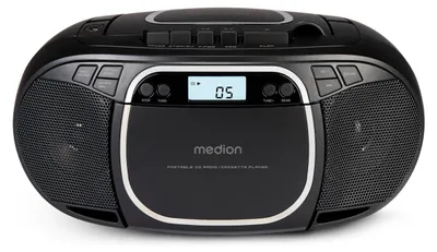 Immagine prodotto di MEDION E66476 Sistema audio stereo (boombox, lettore CD, MP3, cassette, lettore cassette portatile per bambini, radio FM, AUX, cuffie, alimentazione di rete e a batteria) nero