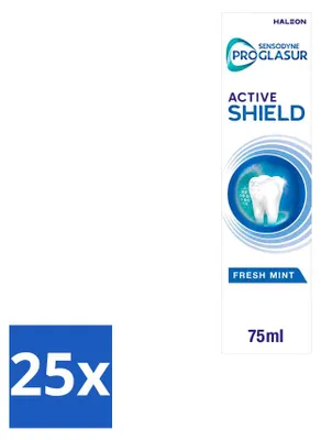 Imagen del producto de 25 tubos de pasta dental Sensodyne ProGlasur Active Shield, sabor a menta fresca, 75 ml. Paquete económico con 25 unidades