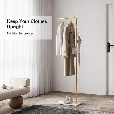 Produktbild von Ibenzoa® Moderne stabile Garderobe 170 cm – Metall-Kleiderständer mit goldener Kleiderstange und Haken, platzsparend für Mäntel, Hüte, Schals