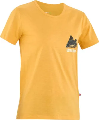 Gelbes Highball T-Shirt von Edelrid mit Baum-Design auf der linken Brust.