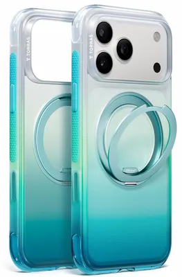 Imagen del producto de Funda para iPhone 18 Pro / 17 Pro, marca Torras, modelo Ostand O3 Air Gradient, color verde-azul, compatible con MagSafe