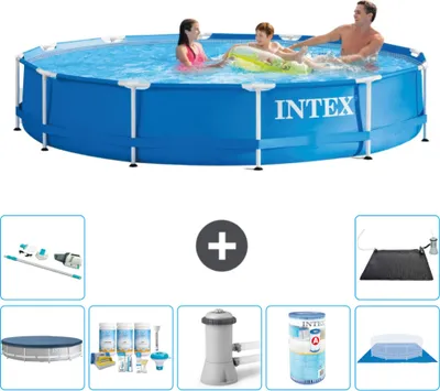 Immagine prodotto di Piscina Intex con struttura rotonda - 366 x 76 cm - blu - include copertura - pacchetto manutenzione - pompa filtro per piscina - filtro - telo di fondo - aspirapolvere