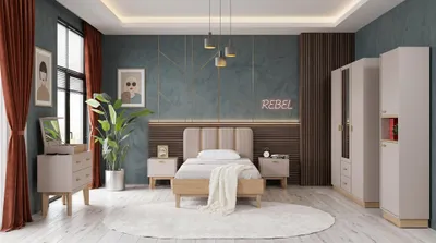 Produktbild von Beiges Jugendzimmer Bett Nachttische Kleiderschrank Kommode Bücherregal