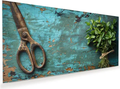 Produktbild von Glasbild 120x60cm in XXL für Wohnzimmer, Schlafzimmer Motiv Alte Schereauf Holz