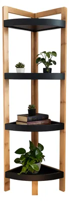 Zdjęcie produktu dla Relaxdays – narożna półka bambusowa, 4 półokrągłe półki, wymiary: 105,5 x 23 x 23 cm, półka stojąca do łazienki i kuchni, zajmująca mało miejsca, kolor naturalny/czarny, Obraz wygenerowany przez AI