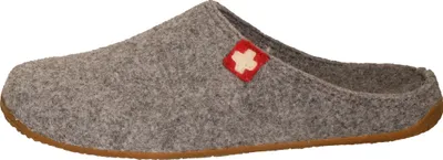 A single gray slipper with a red and white Swiss cross logo on a white background.