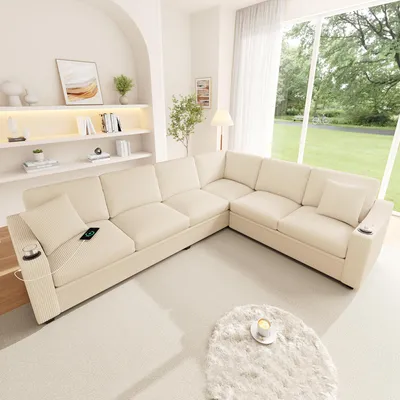 Image de Canapé d'angle en forme de L, 6 places, avec ports USB/Type-C, 2 porte-gobelets, 2 coussins, revêtement en tissu (beige)