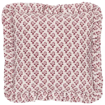 Kissen mit Blockdruck und Rüschen, Leinen/Rot, 45x45 cm