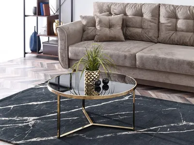 A living room scene with a sofa, coffee table, and rug.