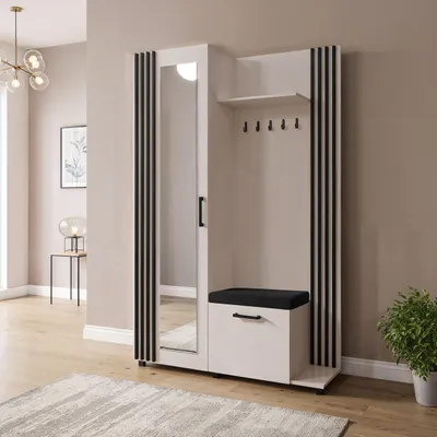Produktbild von Garderoben-Set im Skandi-Stil mit Spiegel, Sitzbank, Schuhablage & Haken – Flurgarderobe 137 cm in Schwarzen Lamellen-Optik mit Ablage und Stauraum – Kaschmir Beige-Grau – Rechts