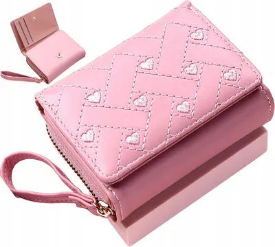 A pink wallet with a heart pattern is displayed on a white background.