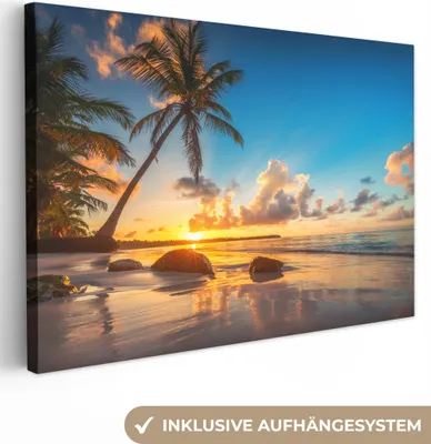 Produktbild von OneMillionCanvasses® - Leinwandbilder - 150x100 cm, Strand - Meer - Palme - Sonnenuntergang, Wandbilder Kunstdruck Wanddekoration