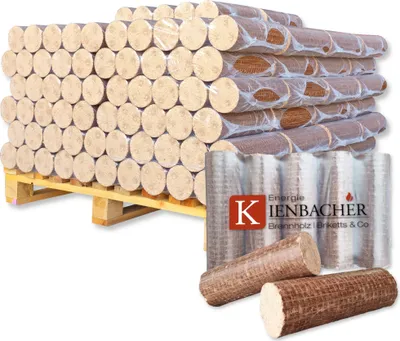 A pallet of wood briquettes is shown, with some briquettes in the foreground and a logo in the midground.