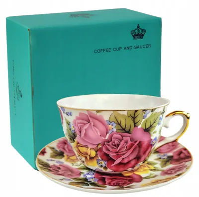 Zdjęcie produktu dla FILIŻANKA 230ml Kwiaty złoty brzeg Cienka Porcelana styl vintage Yamasen