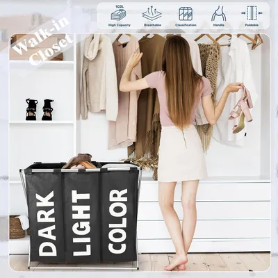 Image de Triable à linge, 3 compartiments, 100 litres, en tissu Oxford, pliable, couleur noire