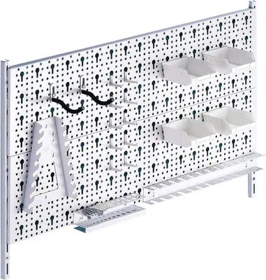 Image de Étagère métallique blanche 800 x 200 mm avec crochets et tablettes