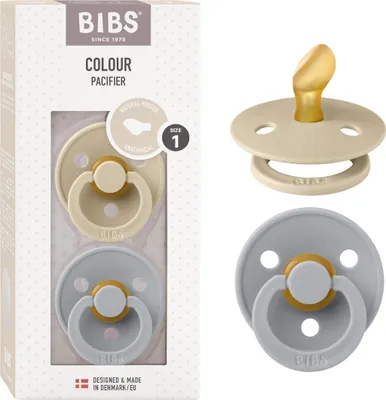 Produktbild von BIBS Colour Anatomical Schnuller 2er Pack, BPA-frei Dummy-Schnuller, Kiefergerechte Form. Naturkautschuk / Latex, Hergestellt in Dänemark. Größe 1 (0-6 Monate), Vanilla / Cloud