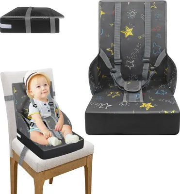 Produktbild von UISEBRT Kinder Sitzerhöhung Baby Boostersitz Faltbar Kindersitz mit Rückenlehne & verstellbaren Dreipunktgurt  für zuhause und unterwegs, Grau
