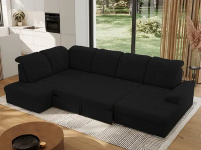 Produktbild von MKS MEBLE Ecksofa Wohnlandschaft U-Form, Sofa mit Schlaffunktion, Schlafsofa mit bettkasten, Couch mit Schlaffunktion - Schwarz Boucle - Madrito U - links