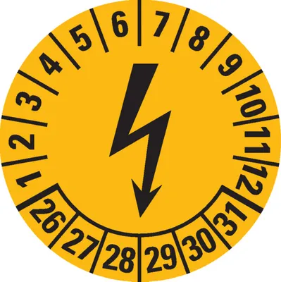 Produktbild von Dreifke® Prüfplakette Blitzpfeil 26-31, gelb, Dokumentenfolie, selbstklebend,...