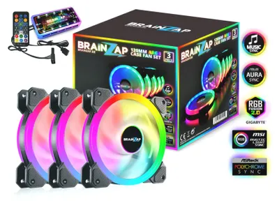 Zdjęcie produktu dla BRAINZAP 3x 120mm LED A-RGB Zestaw wentylatorów Aura Asus Asrock MSI Gigabyte Music-Sync Coolmoon