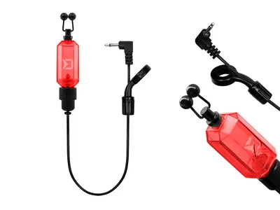 A fishing bite indicator with a red translucent body and black components, shown against a white background.